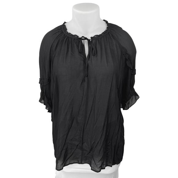 DR2 Women's Black Short Sleeve Ruffle Tie Neck Peasant Sheer Blouse Top Size 2X - Picture 1 of 4